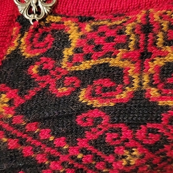 Vintage Vals Norsk Strikkedesign red/black/gold Pure New Wool Cardigan Sweater - Picture 3 of 11